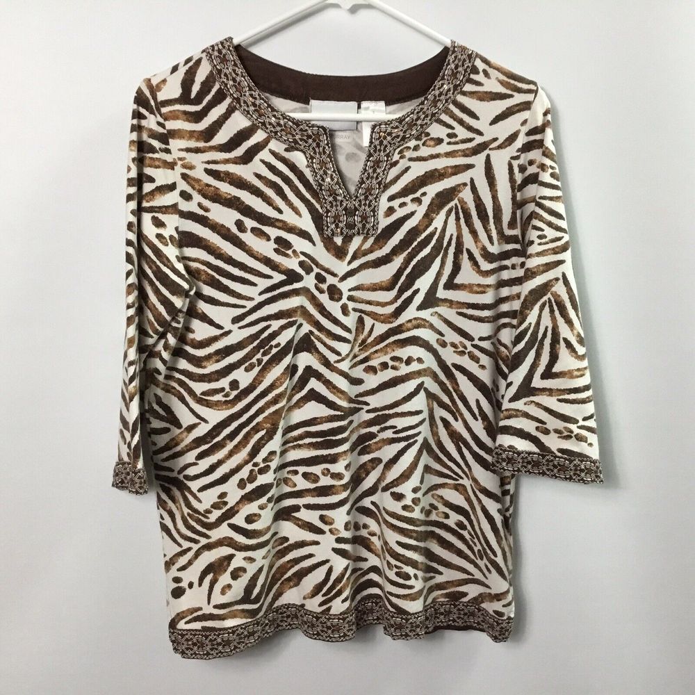 Alfred Dunner womens top brown white Tiger animal print sequin size S